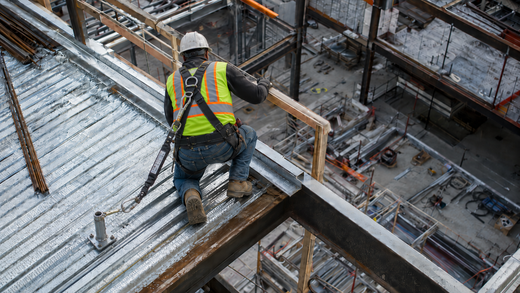 Construction worker wearing a full-body fall protection harness and lanyard while working near the edge of an elevated steel deck.